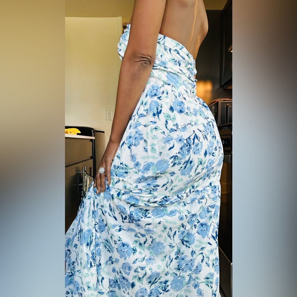 Floor Length Blue Floral Halter Maxi Dress - Picture 4 of 6